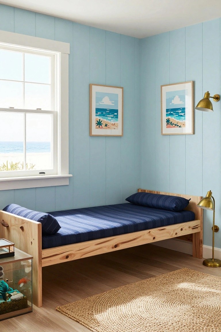 Pale blue shiplap-walled child's bedroom featuring a wooden daybed with navy striped bedding, two beach art posters, a brass lamp, a small aquarium with fish on a side table, and a window showing ocean view.