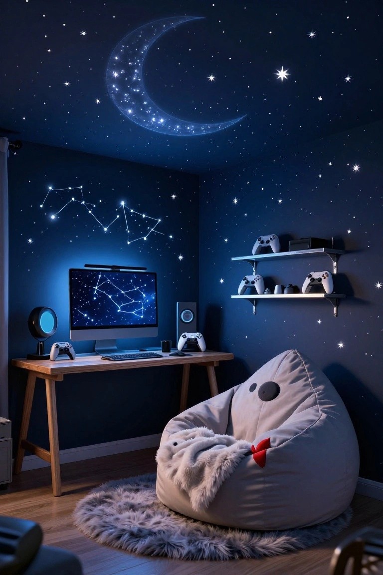 Dark blue kids gaming room with ceiling decorated in glowing star, moon, and constellation stickers, wooden desk holding iMac monitor showing galaxy image, PS5 controllers, speakers, wall shelves with PlayStation consoles and controllers, and white ghost bean bag chair on fluffy rug.