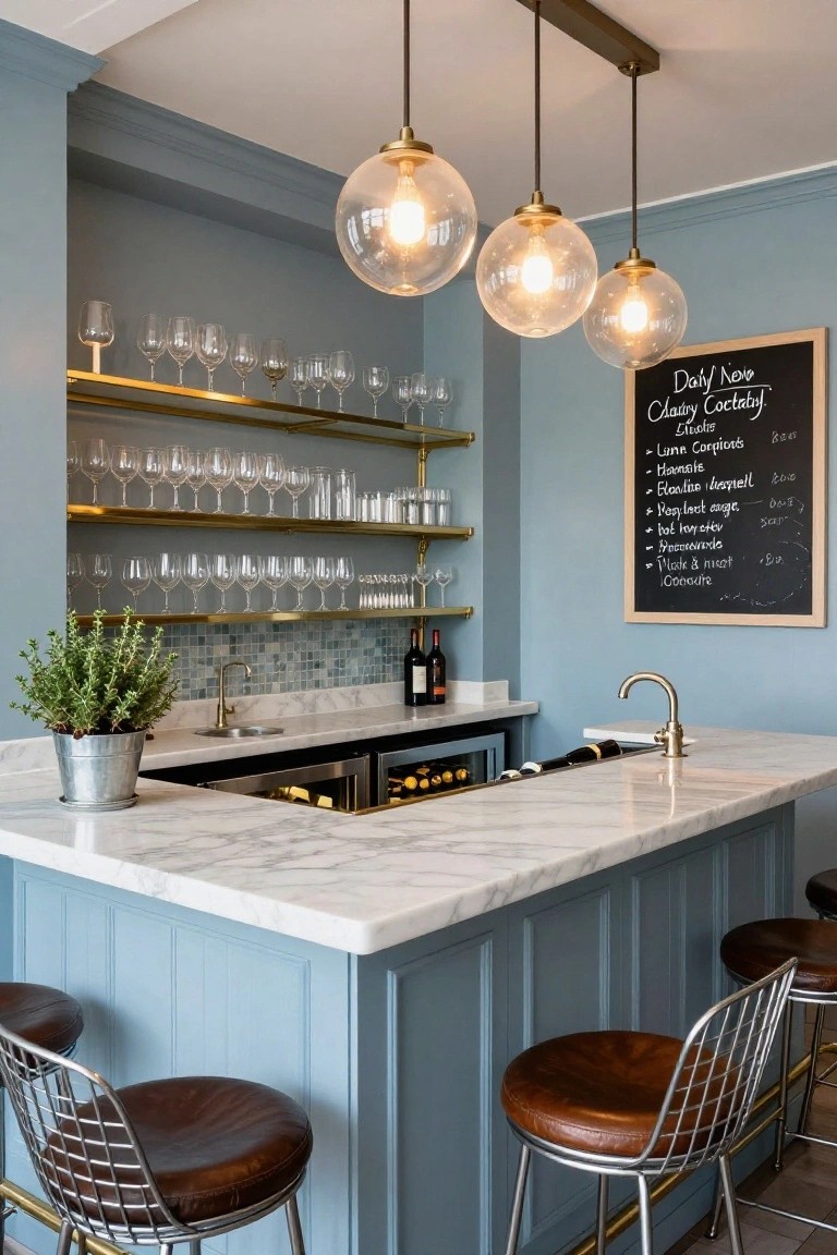 Light blue paneled bar peninsula with white marble countertop, gold floating shelves displaying glassware, brass pendant lights, wine fridge below, potted plant, and two wire-frame stools with leather seats.