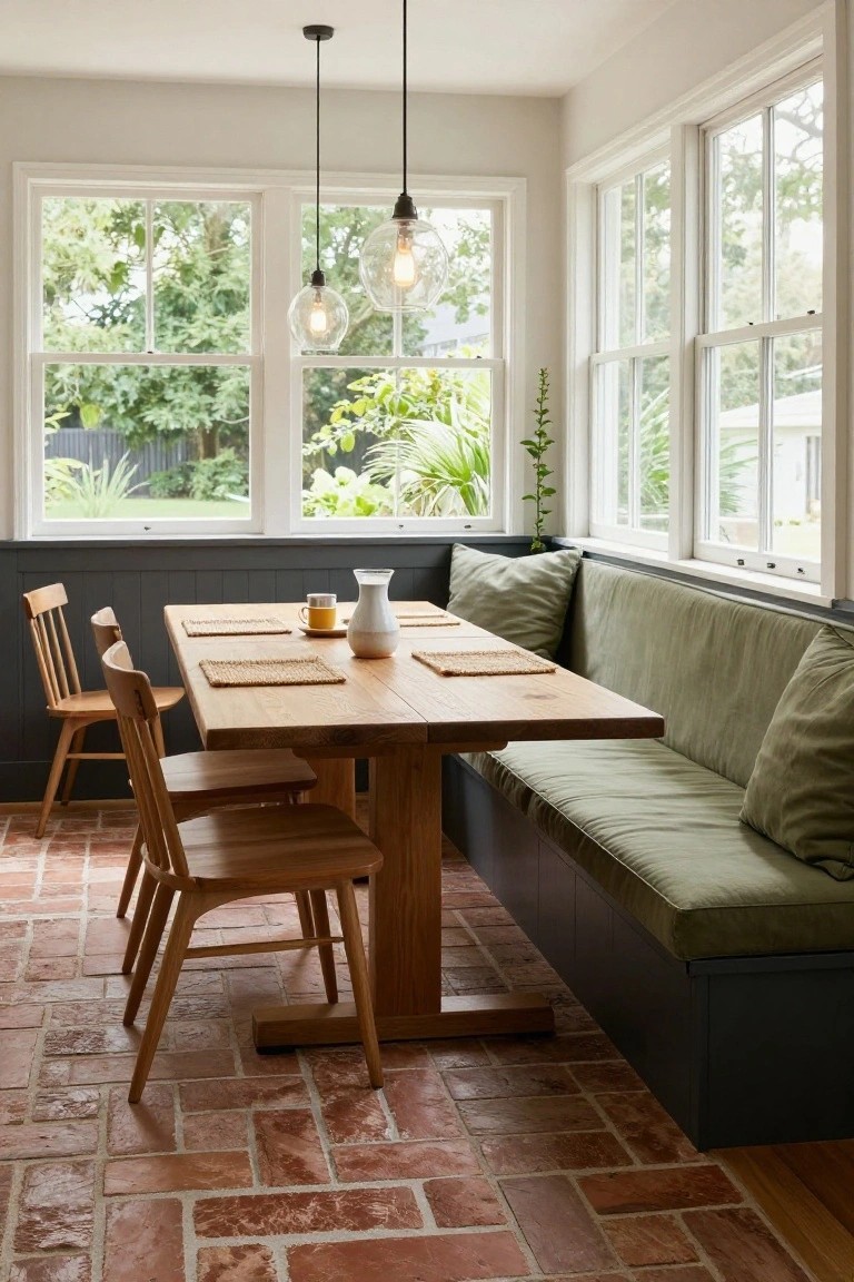 A narrow sunroom with large triple windows overlooking greenery, a wooden trestle table with placemats, wooden chairs, and a dark gray built-in bench with green cushions on terracotta brick tile flooring.