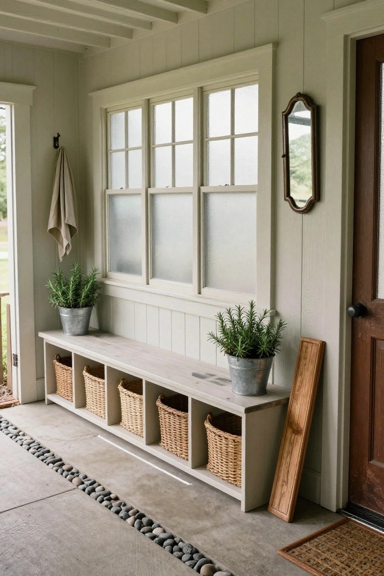 A narrow covered porch with white shiplap walls, a long built-in bench with wicker baskets in cubbies, two galvanized metal buckets holding rosemary plants on the bench top, frosted glass windows, a towel on a hook, a small wood sign leaning nearby, and pebbled concrete floor outside.