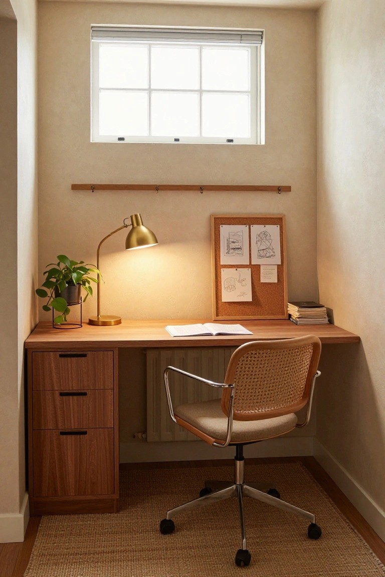 Narrow indoor workspace with wooden floating desk, integrated drawers, rattan chair on wheels, gold desk lamp, potted plant, corkboard with sketches, and stacked books next to a window.