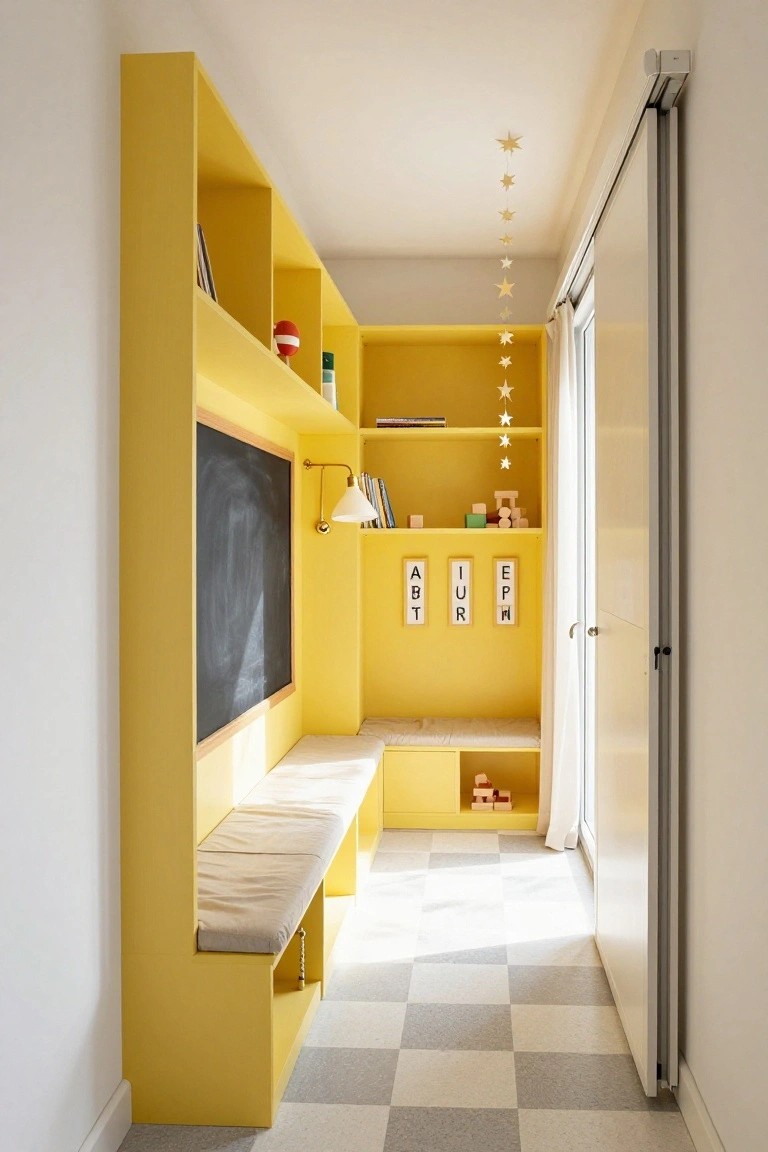 Tall yellow built-in shelving unit with open shelves holding books and toys, a blackboard, letter blocks, bench seat, and storage cubby in a narrow indoor space next to a sliding glass door on checkered tile floor.