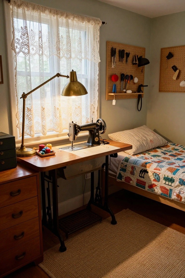 Small interior room with pale green walls containing a black treadle sewing machine on a wooden table, pegboard wall holding tools and notions, single bed with colorful patchwork quilt, wooden dresser, and lace-curtained window with golden lamp light.
