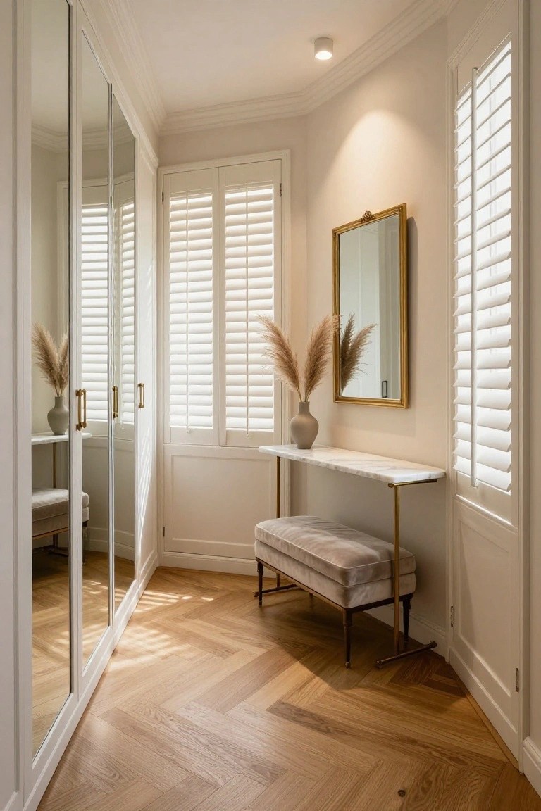 Narrow corner interior with white mirrored wardrobe doors on one side, white plantation shutters on windows, gold-framed mirror above a white marble console table on gold legs holding two pampas grass vases, pink velvet ottoman nearby, and light oak herringbone flooring.
