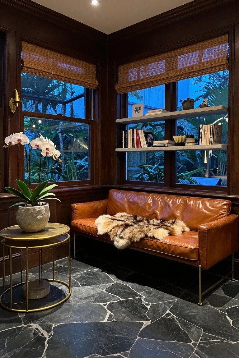 Corner indoor sunroom with dark wood paneling, black marble floor, orange leather sofa with fur throw, gold side table, potted phalaenopsis orchids, floating shelves with books by bamboo-shaded windows overlooking tropical plants.