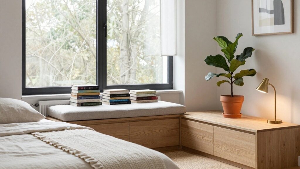 Narrow bedroom interior with low wooden platform bed against the wall under large windows, stacks of books on wooden shelves, large potted ficus plant in terracotta pot, two abstract black-and-white framed prints on light walls, wooden ceiling, beige seagrass rug, and radiator base.
