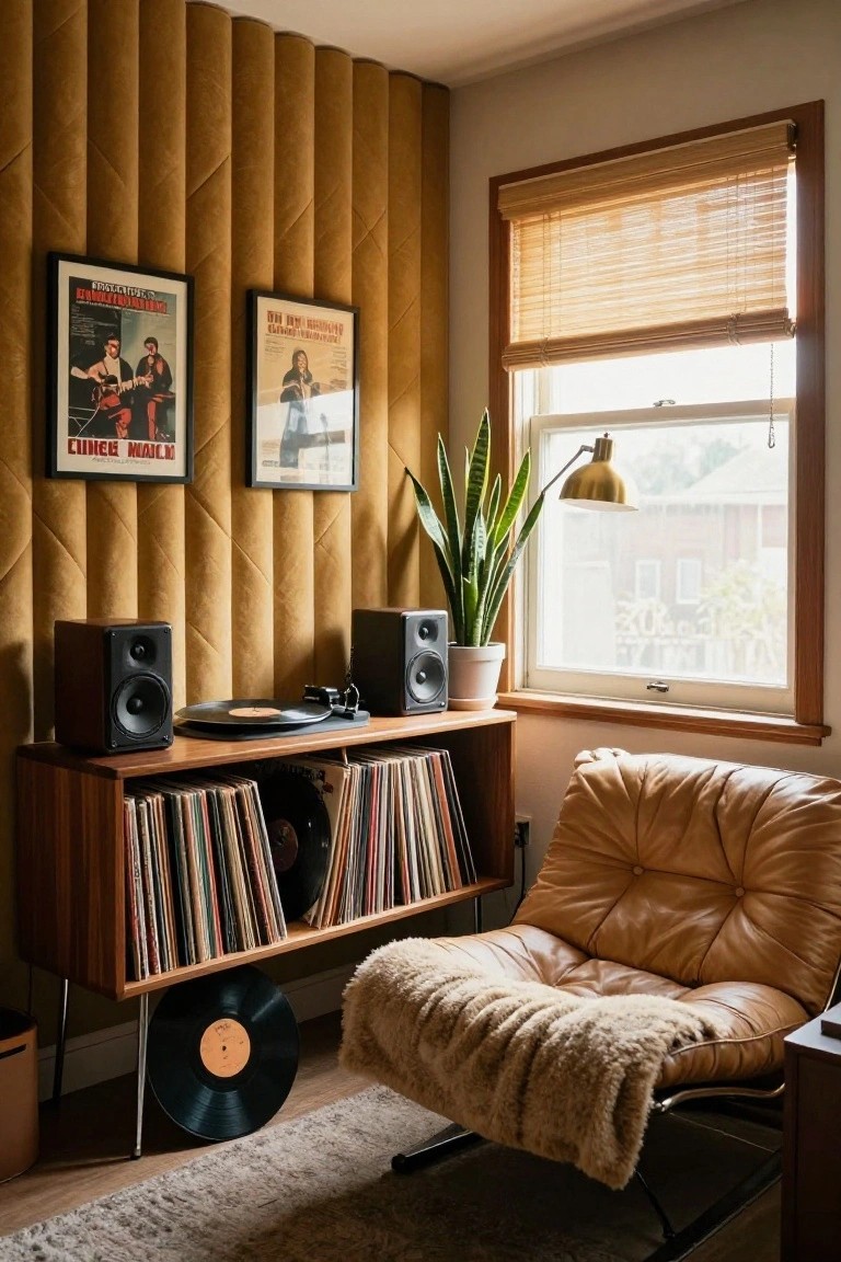 Narrow indoor room featuring mustard-colored vertical fluted fabric wall panels, wooden console with record player, vinyl records, speakers, snake plant near window with bamboo shades, and orange tufted leather armchair with sheepskin throw.