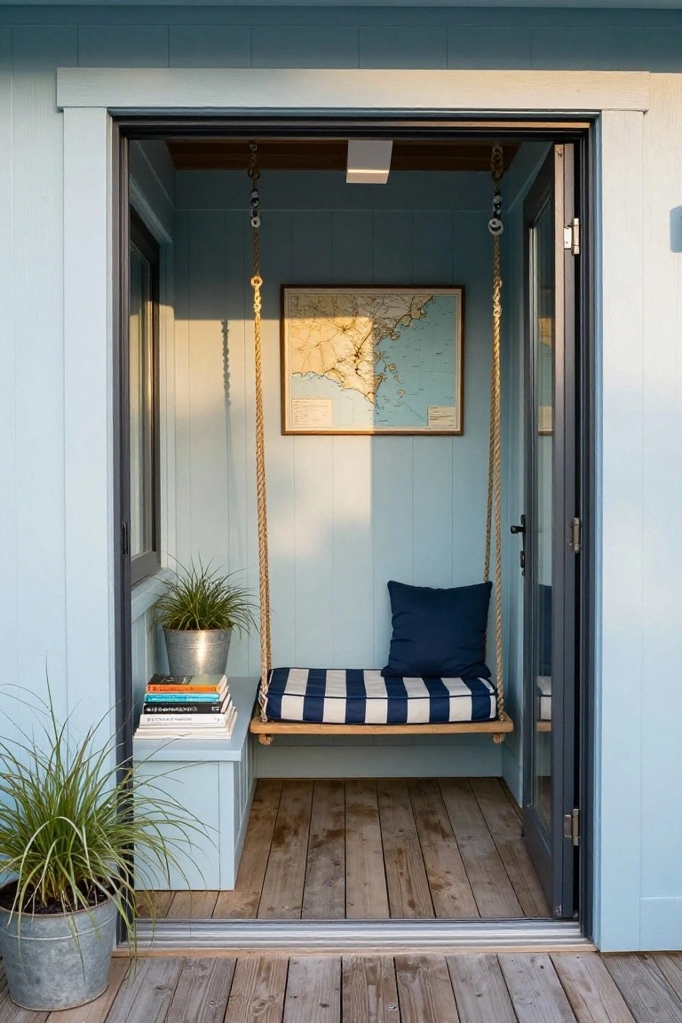 Hanging Swing Seat in a Narrow Sunroom