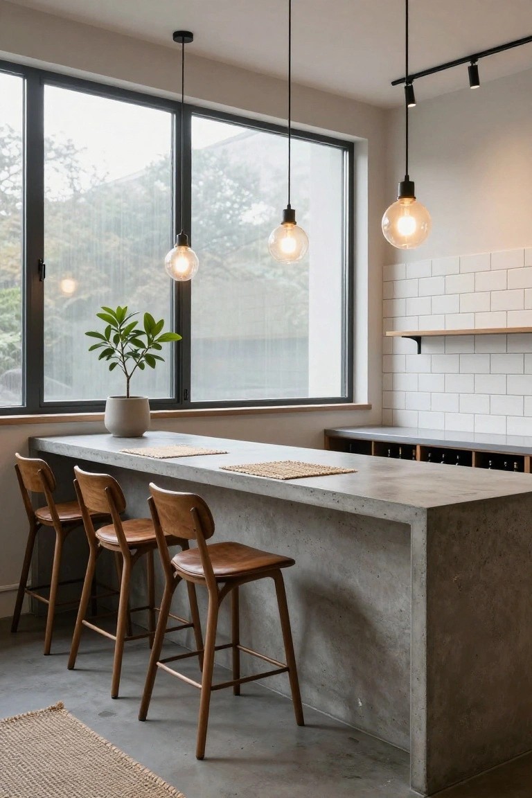 Narrow kitchen bar area with gray concrete countertop along large black-framed windows overlooking trees, four wooden bar stools with leather seats, three pendant globe lights, potted plant on counter, white subway tile wall, and built-in wine racks.