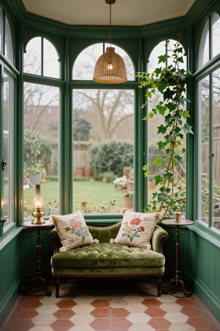 Green-painted octagonal sunroom with arched windows overlooking a garden, green velvet tufted chaise lounge with floral pillows, brass side tables holding oil lamps, climbing ivy on walls, and hexagonal terracotta tile floor.