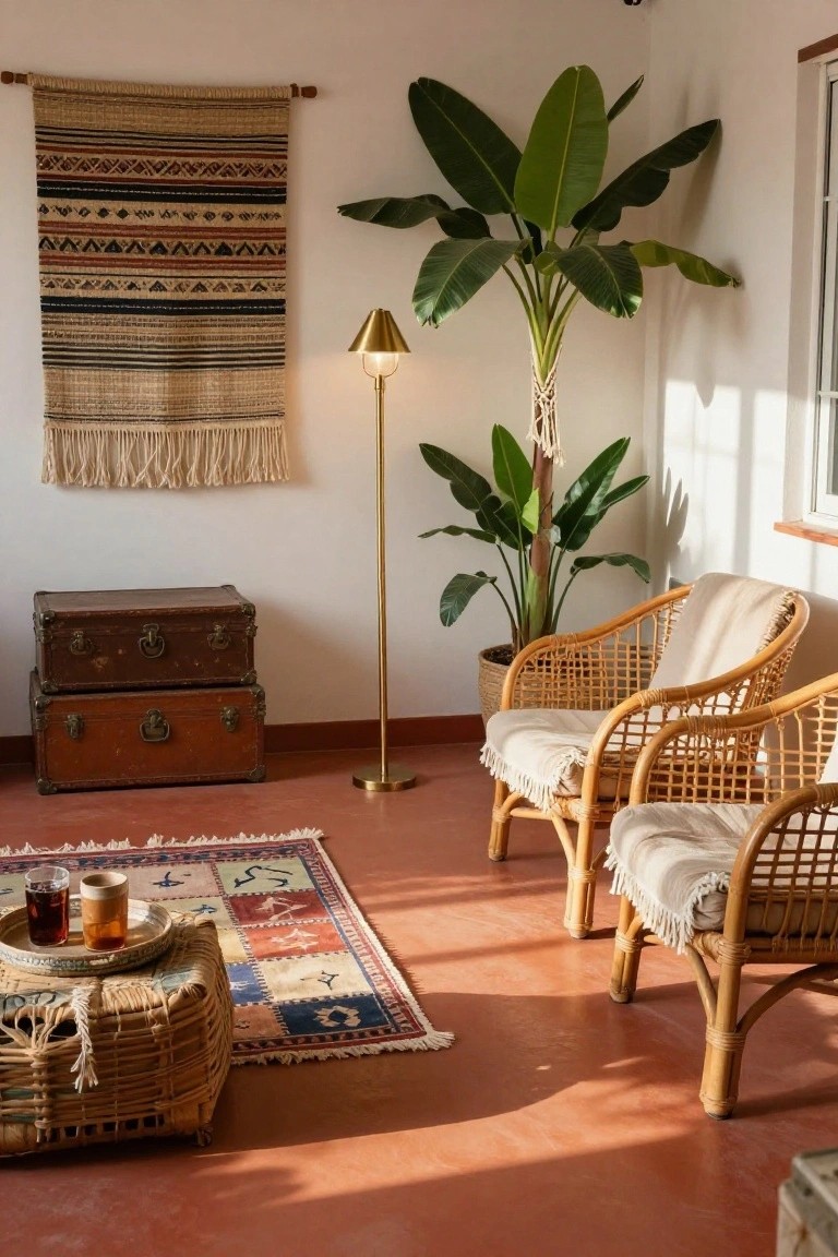 A narrow indoor sunroom with two rattan armchairs draped in white throws, a low woven stool table with glasses and cups, a tall potted banana plant in macrame hanger, brass floor lamp, woven wall tapestry, stacked wooden trunks, and terracotta tile floor.