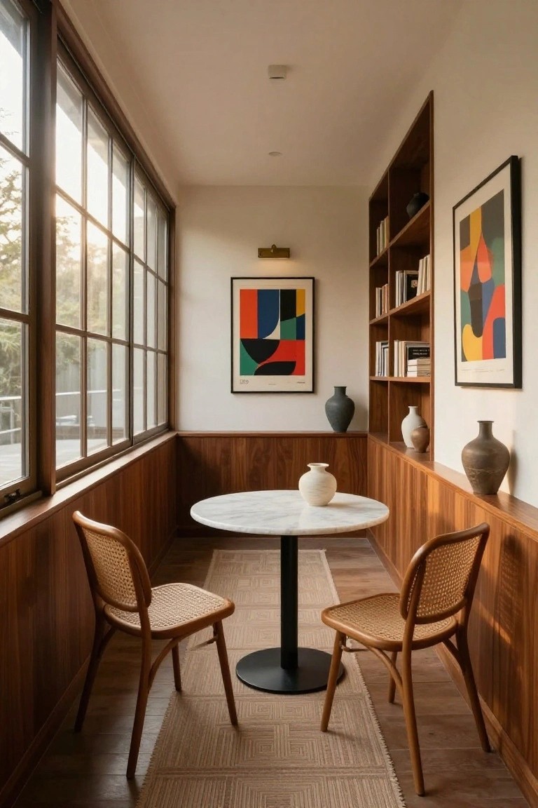 Narrow interior sunroom with wood-paneled walls, large multi-pane windows overlooking greenery, white marble round table on black pedestal base, two rattan armchairs, built-in bookshelves with ceramics, and colorful abstract artworks.