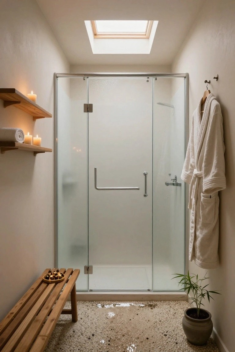 Narrow indoor shower room with frosted glass enclosure, wooden shelves holding candles and towels, wooden bench with small plate, hanging white bathrobe, potted bamboo plant, pebble stone floor, and skylight in the ceiling.