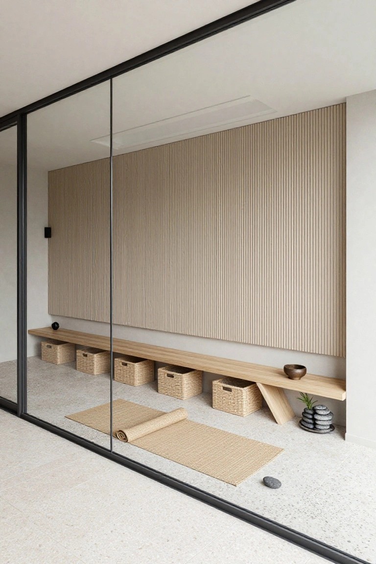 Narrow interior room with beige vertical slatted wood wall paneling, wooden bench seat along the wall holding woven baskets and a bowl, rolled beige mat and stones on speckled terrazzo floor, large glass sliding doors in foreground.