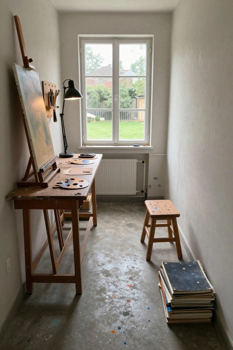 Narrow white-walled room with tall wooden easel holding a blank canvas, wooden worktable with paint palettes, small wooden stool, stack of books on paint-splattered concrete floor, adjustable lamp, radiator, and window overlooking green yard.