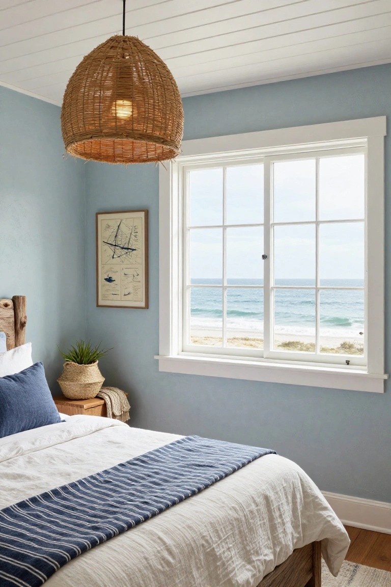 Bedroom with light blue walls, wooden bed with white linens and navy throw, rattan pendant light, potted plant in basket, nautical chart artwork, and large white multi-pane windows overlooking sandy beach and ocean.