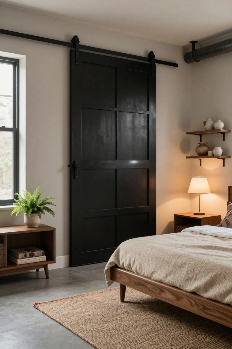 Bedroom interior with tall black paneled sliding barn door on overhead track, wooden bed with beige linens and legs, nightstand with lamp, potted fern on console table with books, floating shelves holding pottery, window, and rug on polished concrete floor.