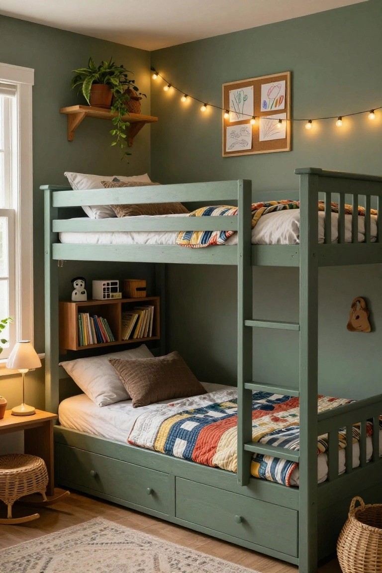 Green wooden bunk bed in a child's bedroom with built-in shelves holding books, drawers under the bottom bed, string lights, plants, and a corkboard on the wall.