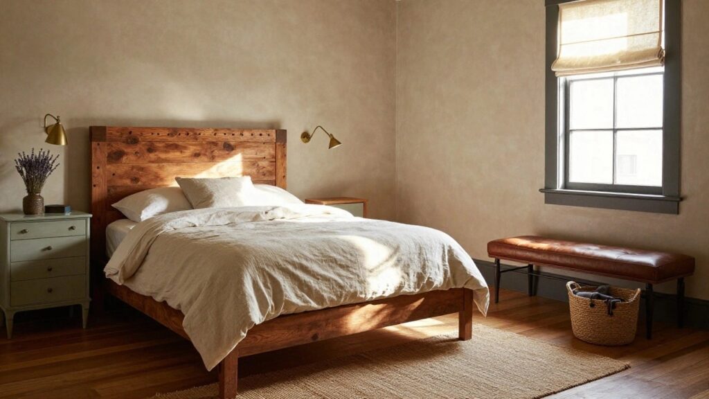 Bedroom with tall wooden plank headboard, white linen bedding on low platform bed, white nightstand holding gray vase of lavender, leather bench at bed foot, wicker basket on hardwood floor near seagrass rug.