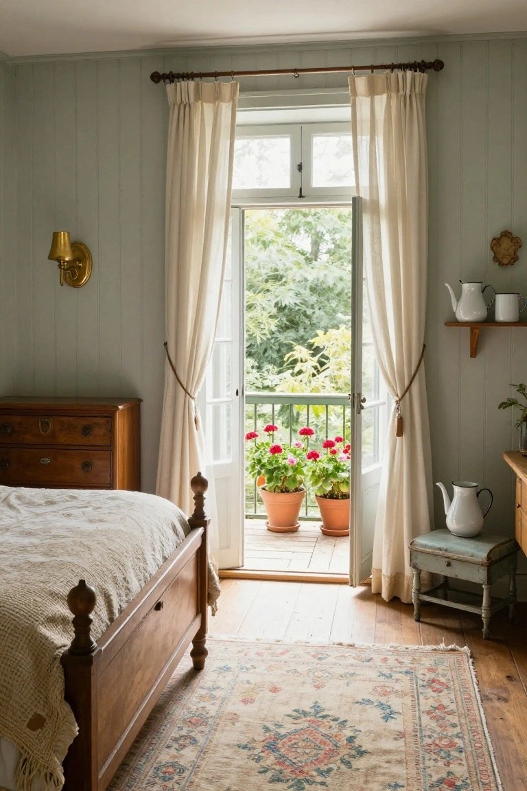 Sage green paneled bedroom with wooden bed and dresser, open French doors draped in white sheer curtains leading to a balcony railing holding terracotta pots of red geraniums, and a colorful Persian-style rug on wood floors.