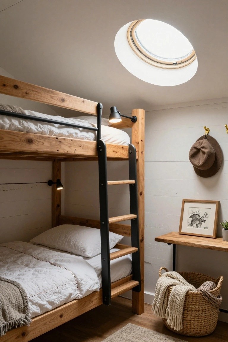 Rustic wooden bunk bed with black metal ladder and frame in a white shiplap-walled bedroom, featuring a skylight, wall-mounted lamps, small desk below, and woven basket with blankets.