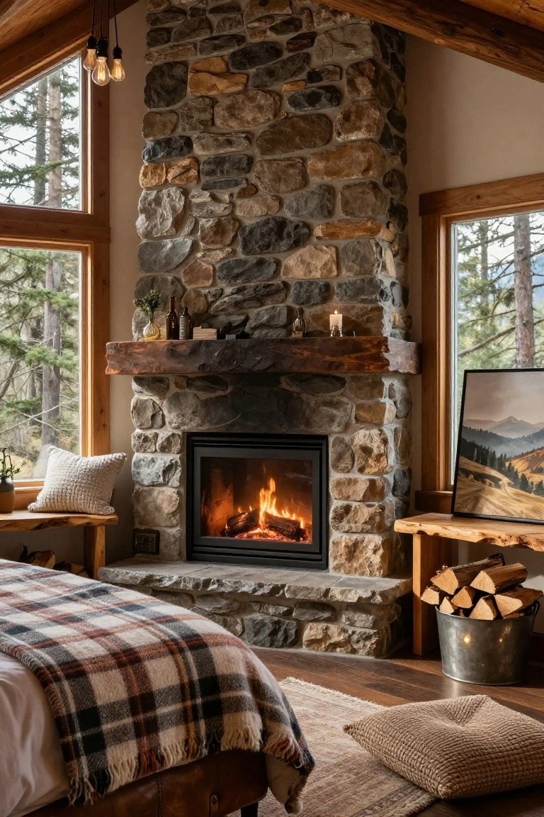 Rustic bedroom interior with large irregular stone fireplace containing gas fire insert, wooden mantel shelf, plaid blanket on wood bed frame, benches, pillows, bucket of firewood, large triangular windows overlooking pine forest, wooden beams and flooring.
