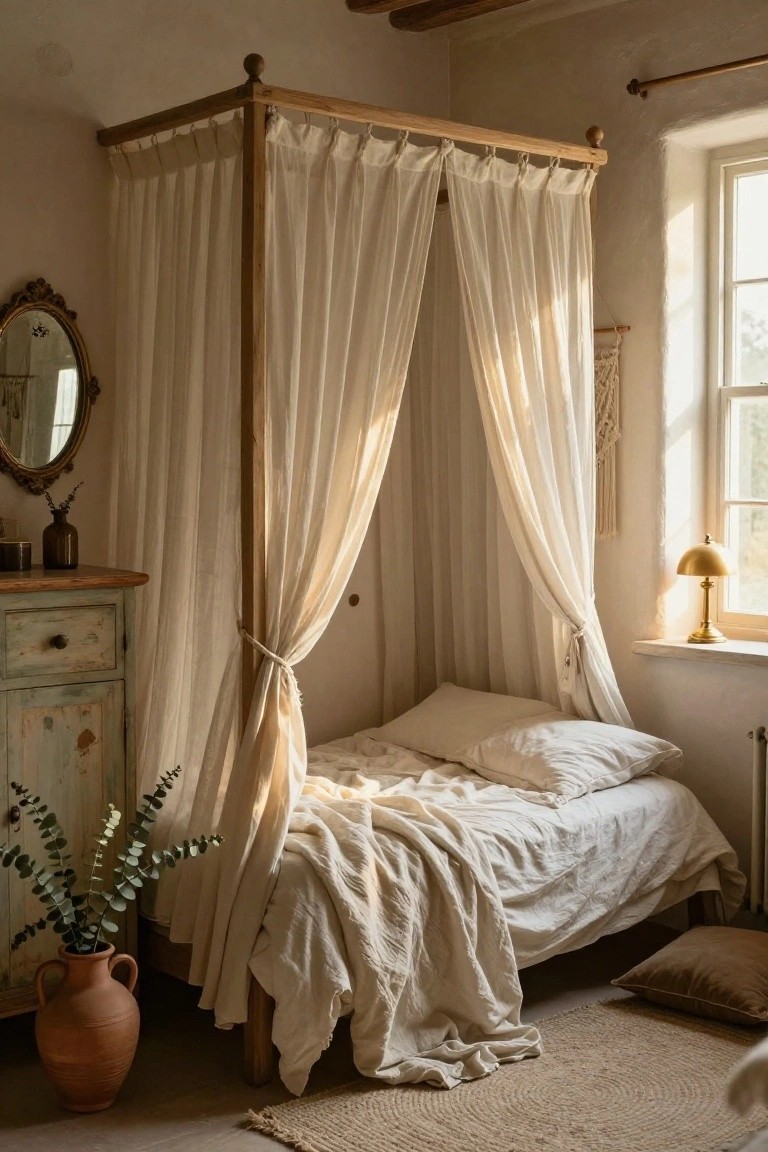A rustic bedroom with a wooden four-poster bed draped in sheer white curtains, a painted wooden dresser holding potted plants, a gold desk lamp on a sill, and natural light streaming through a window.