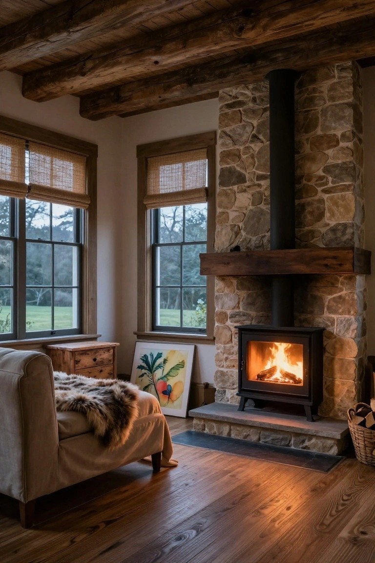 Rustic interior room with exposed wooden beams on ceiling, tall stone walls around a black freestanding wood-burning stove with active fire, beige armchair with fur throw and wooden side table, abstract plant painting on wall, bamboo shades on large windows overlooking wooded landscape and field, hardwood plank floors.