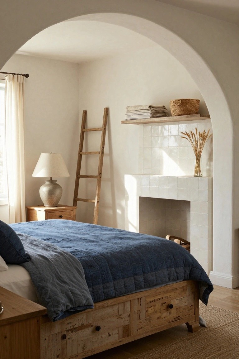 Bedroom with low wooden bed draped in navy blue bedding, leaning wooden ladder holding folded linens, bedside table with lamp and vase, arched white tiled fireplace, and neutral walls.