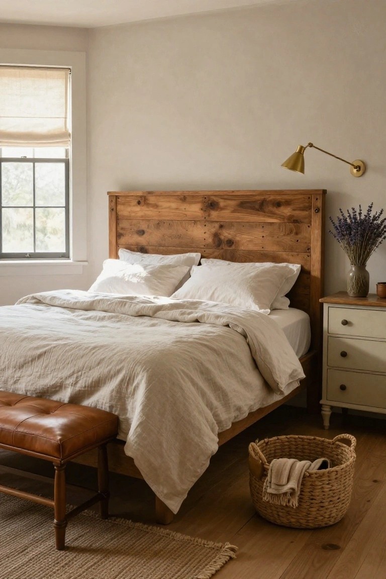 Bedroom with tall wooden plank headboard, white linen bedding on low platform bed, white nightstand holding gray vase of lavender, leather bench at bed foot, wicker basket on hardwood floor near seagrass rug.