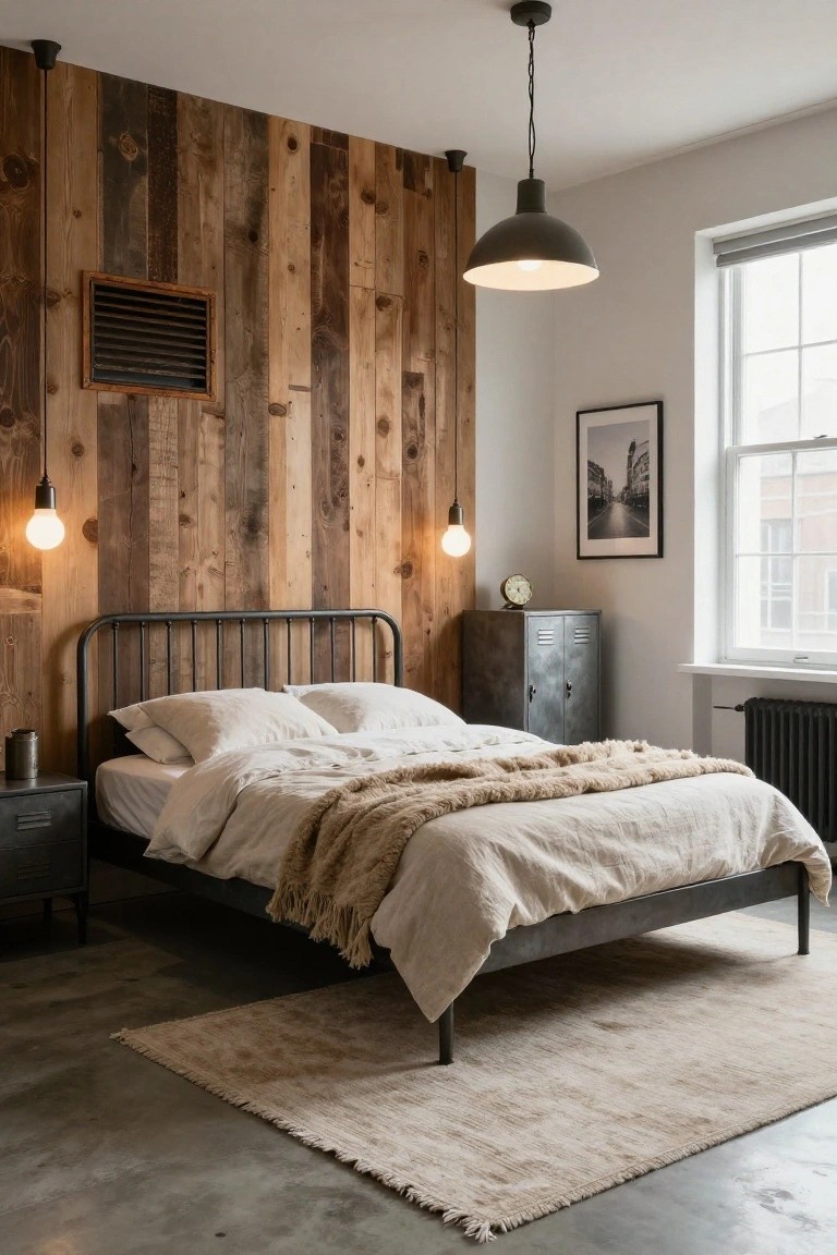 Bedroom interior with horizontal reclaimed wood planks on the accent wall behind a black metal bed frame, white bedding with a cream throw, pendant lights, metal nightstand and cabinet, beige rug on concrete floor, and window with blinds.