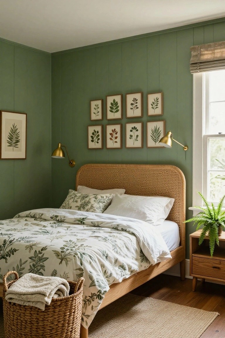 Corner view of a bedroom featuring sage green vertical paneled walls, a cane rattan headboard on a bed with white and green leaf-patterned duvet and pillows, framed botanical prints arranged on the wall, brass swing-arm sconces, wooden nightstand with fern plant, wicker basket on the floor, and seagrass rug on hardwood floors.