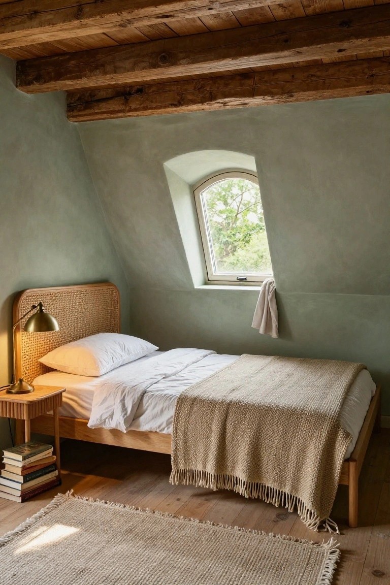 Attic bedroom with sage green textured walls, exposed dark wooden beams on sloped ceiling, wooden single bed with rattan headboard and white bedding, gold lamp on bedside table, stack of books, beige woven rug, and arched window with tree view.