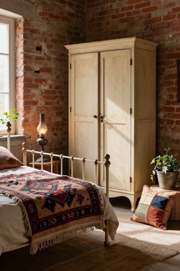 Rustic bedroom with exposed red brick walls, tall cream-colored wooden wardrobe with two doors, iron bed covered in colorful patterned bedspread, brass oil lamp on small table, potted plants, and seagrass rug on wooden floor.