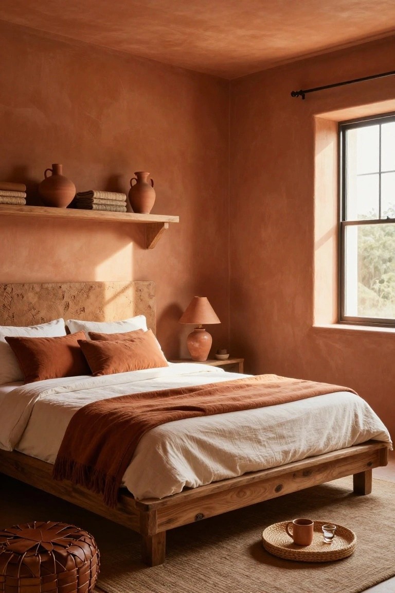 Bedroom with terracotta textured plaster walls, wooden bed frame draped in white sheets and terracotta throw, orange pillows, bedside lamp on wood table, shelves holding terracotta pots and books, leather pouf, and window with view of greenery.