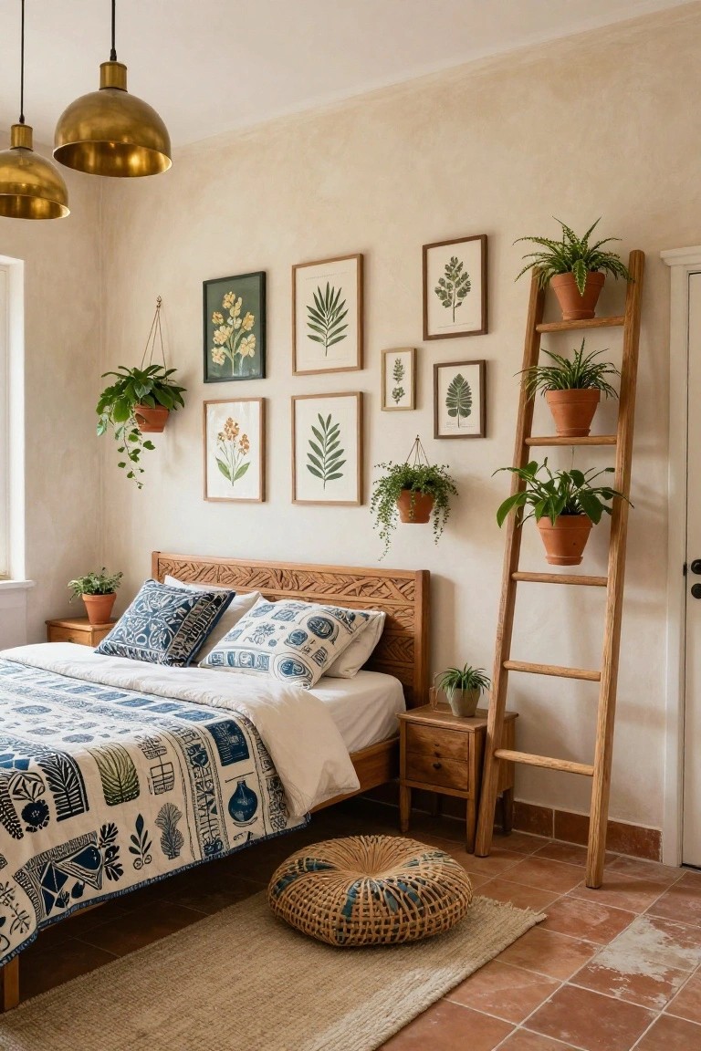 Rustic bedroom with carved wooden bed and blue patterned bedding, botanical prints and hanging plants on beige walls, tall wooden ladder shelf holding multiple potted plants in terracotta pots, brass pendant lights overhead, and woven floor pouf on terracotta tile floor.