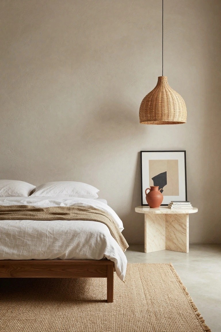 Low wooden platform bed with white linen sheets and beige throw in a beige-walled bedroom, next to a round white marble side table holding a terracotta vase, stacked books, and abstract black-framed artwork on the wall, with a woven rattan pendant light overhead and fringed jute rug on concrete floor.