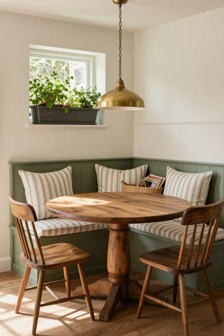Sage green corner booth with striped cushions and a round wooden pedestal table flanked by two wooden chairs in a light interior space with a window herb planter, brass pendant light, and woven basket on the bench.