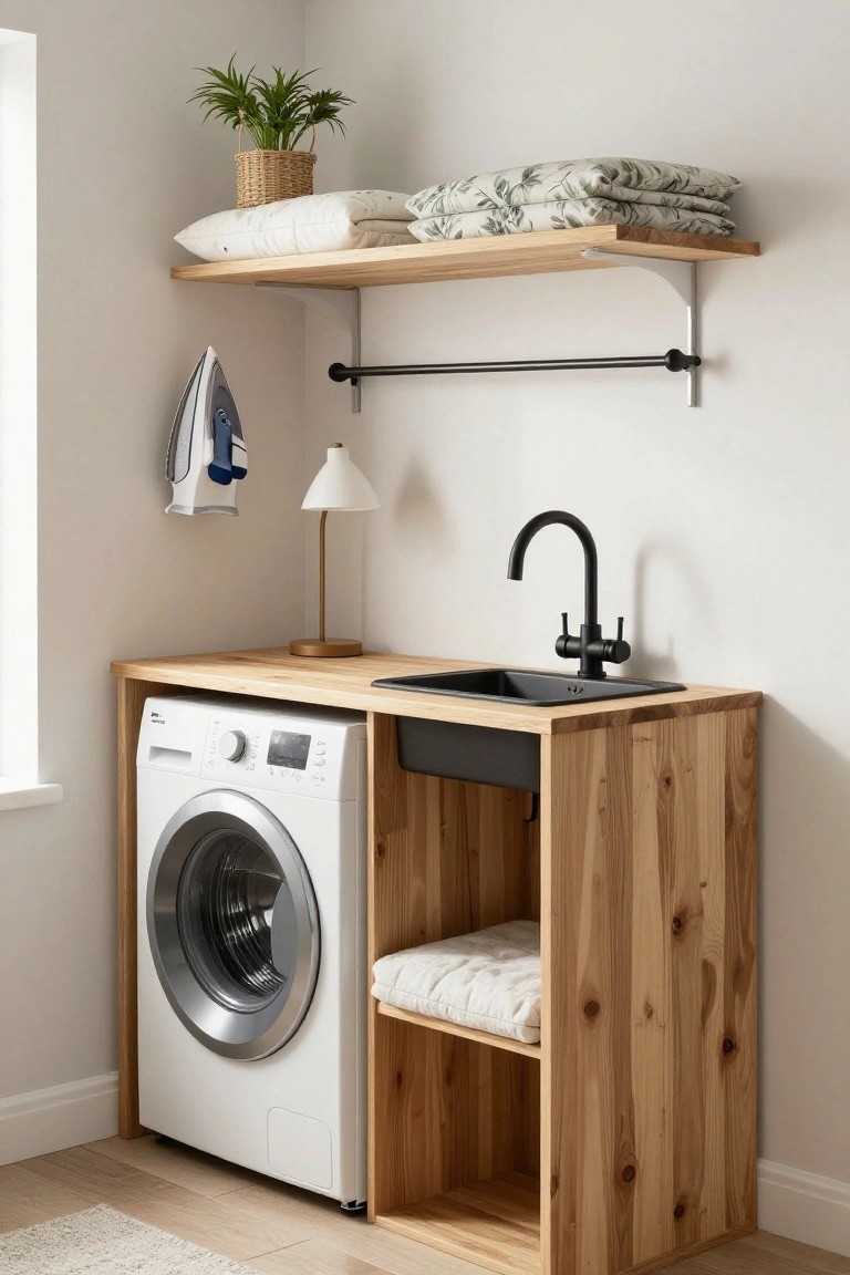 Compact wooden cabinet in a small laundry room integrates a white front-loading washing machine, black utility sink on wooden countertop, open shelves, and wall-mounted hanging rod above.