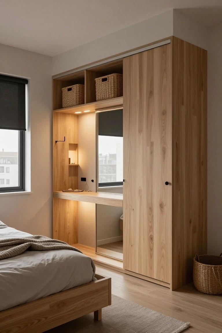 Tall light oak wardrobe with sliding doors, integrated mirror, desk surface, shelf lighting, and baskets in a modern bedroom next to a low wooden bed on hardwood floors.