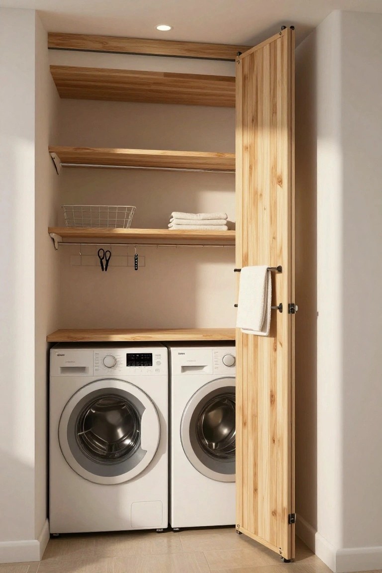 Open bifold wooden door on a tall cabinet revealing white washer and dryer at the base with wooden shelves, baskets, towels, and hanging rods above in a compact interior space.