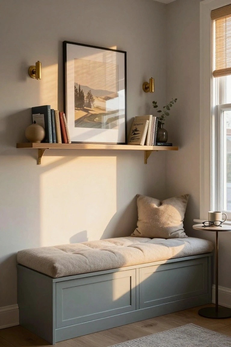 Beige interior corner with wooden floating shelves holding books, a vase, and a large framed landscape print above a cushioned bench on a blue storage bench, beside a window with bamboo blinds and a small side table.