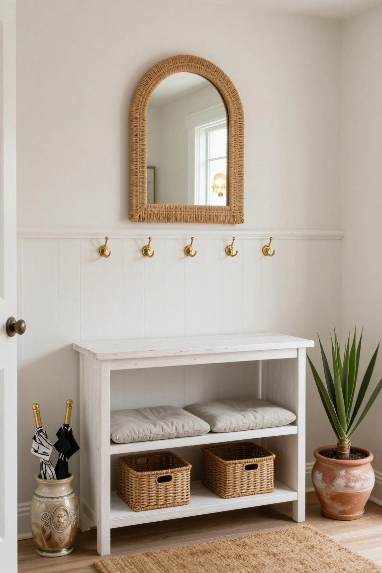 White console table in a light entryway with woven storage baskets below, beige cushions on top, gold wall hooks above, arched rattan mirror, potted yucca plant, umbrella stand, and seagrass rug on wood floor.