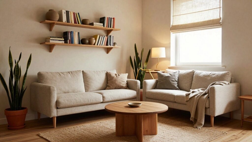 Corner of a light beige living room with two facing fabric sofas, round wooden coffee table, wooden floating shelves holding books and ceramics, potted snake plant, small desk with lamp, and linen blinds on two windows.