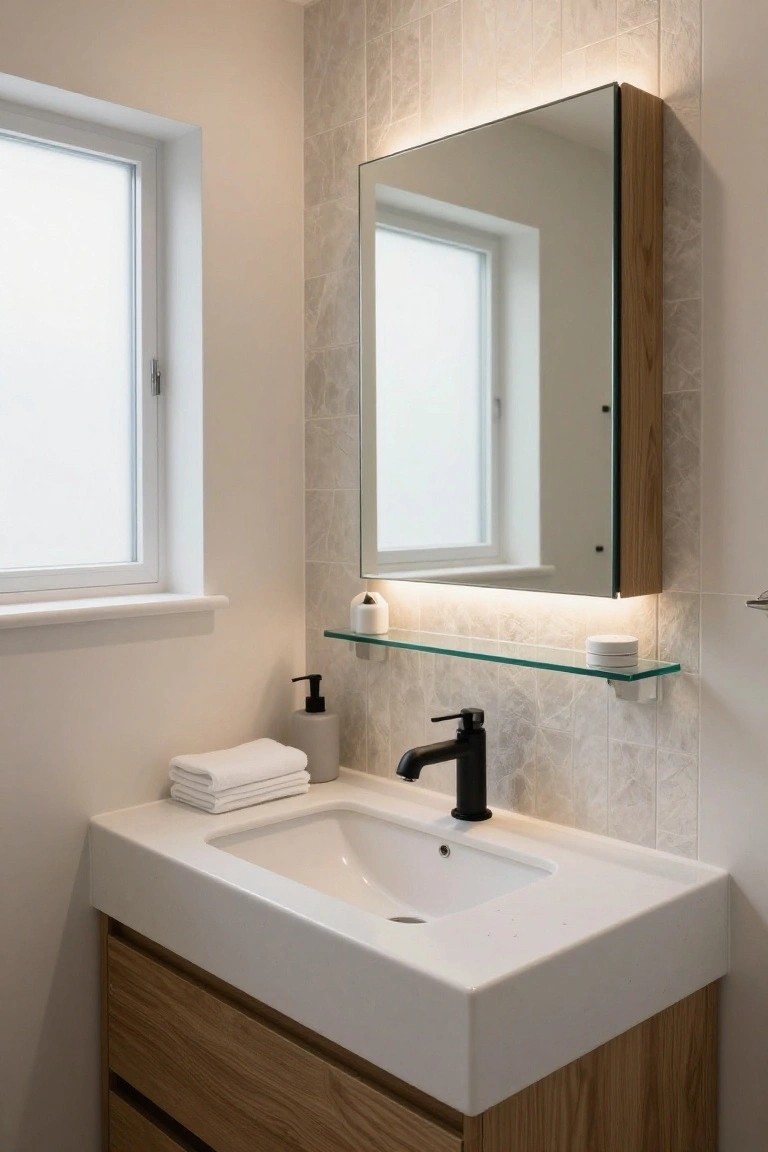 A compact modern bathroom with white sink atop oak wood vanity drawers, black faucet, glass shelf holding soap dispenser and candle, backlit wood-framed mirror cabinet, and light grey veined wall tiles beside frosted window.