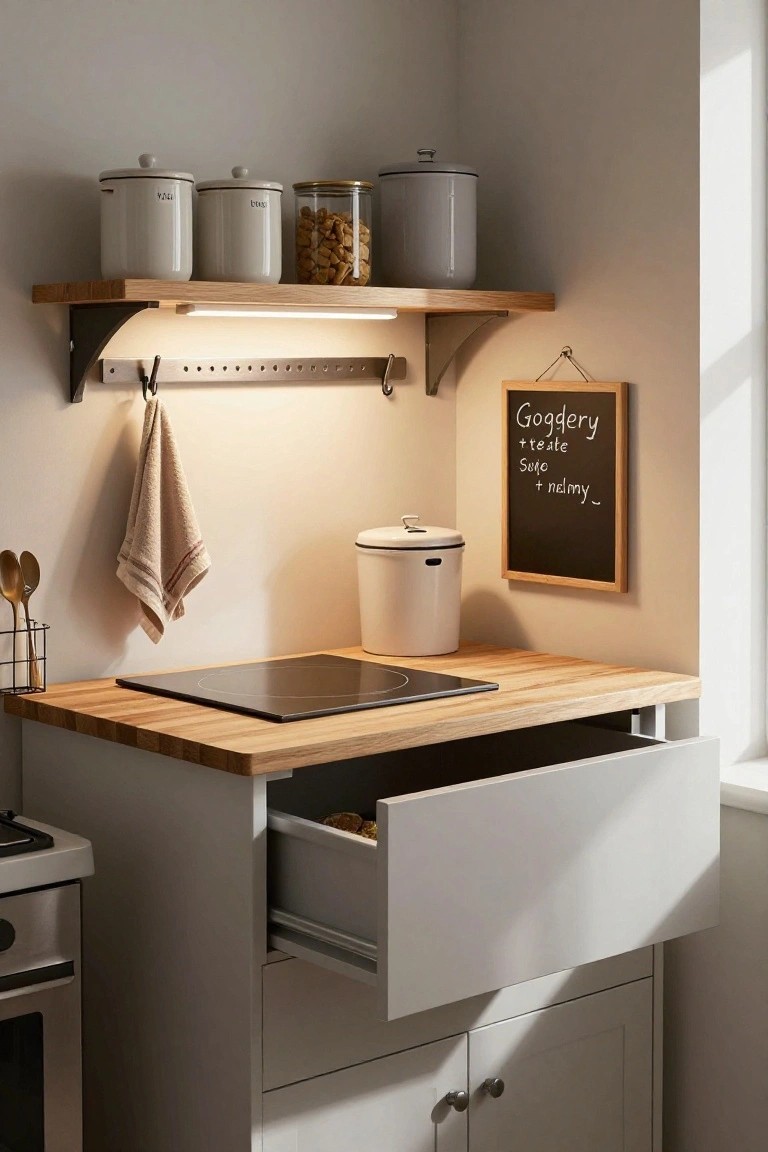 Corner kitchen with oak open shelves holding labeled white ceramic canisters, glass jar of snacks, hanging beige tea towel, gold utensils, white countertop with induction cooktop, open drawer with nuts, small oven, and framed black chalkboard with grocery list.