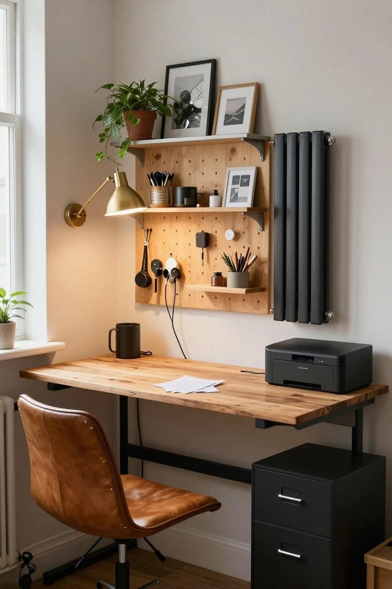 Corner home office setup with light wood desk holding papers and black printer, brown leather desk chair, black metal two-drawer filing cabinet, wooden pegboard wall organizer with hooks shelves plants cans and gold wall lamp, black radiator, and potted plants by window.