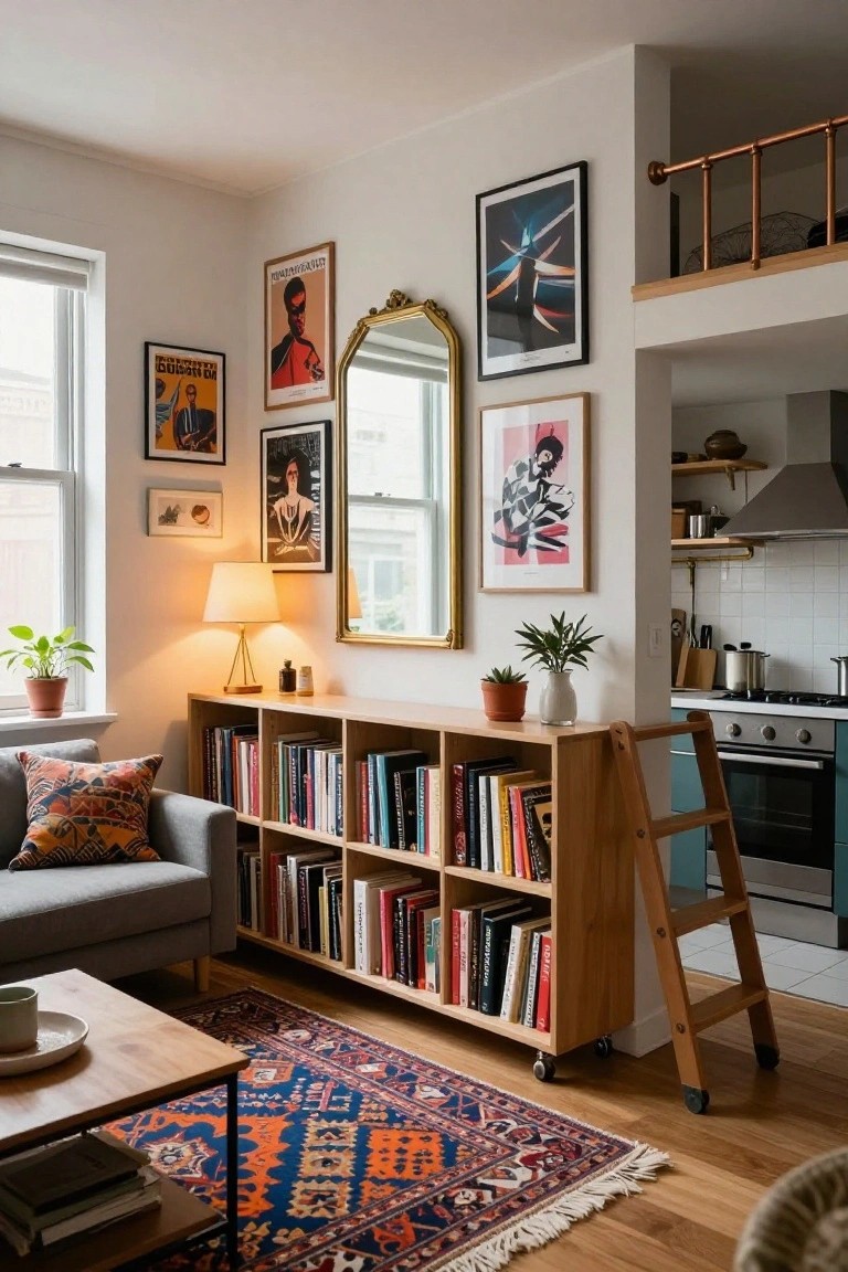 Small apartment interior with gray sofa, orange pillow, wooden coffee table on blue rug, tall wooden bookshelf unit on wheels with ladder next to teal kitchen, art posters and plants on white walls.