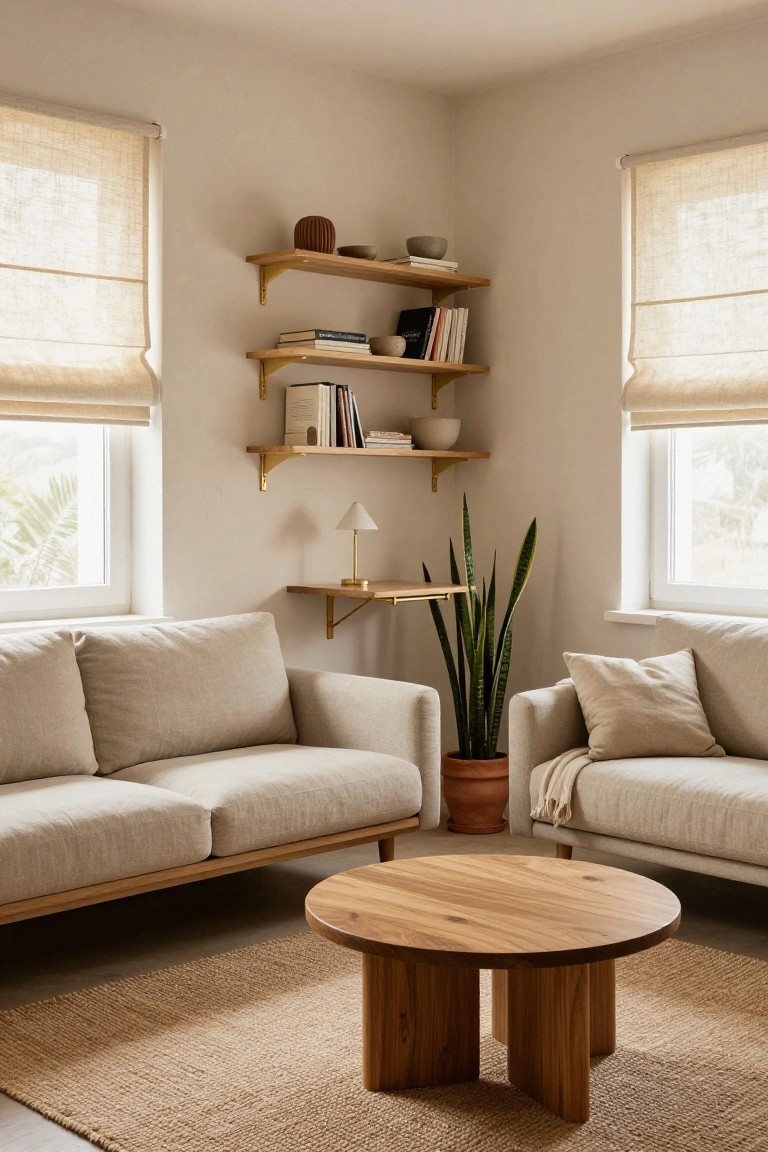 Corner of a light beige living room with two facing fabric sofas, round wooden coffee table, wooden floating shelves holding books and ceramics, potted snake plant, small desk with lamp, and linen blinds on two windows.
